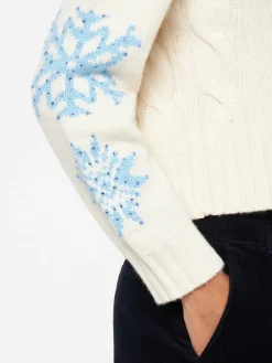 Rollkragenpullover für Damen mit Flechtmuster und Schneeflocken-Strasssteinen
