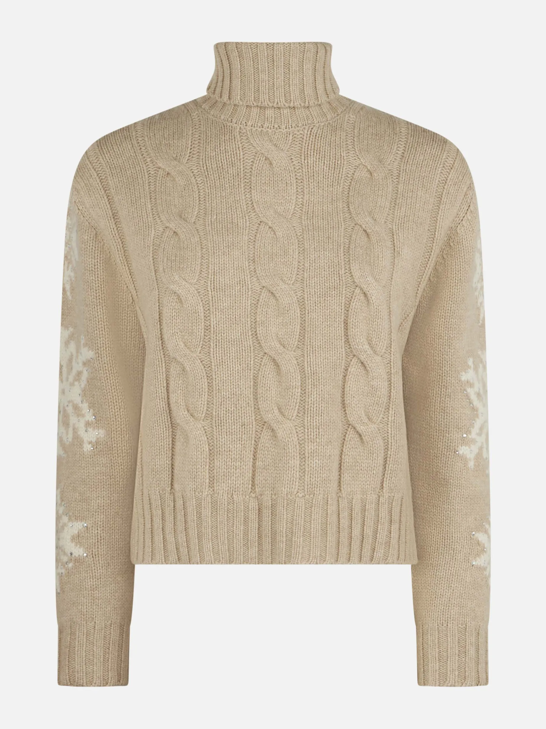 Rollkragenpullover für Damen mit Flechtmuster und Schneeflocken-Strasssteinen
