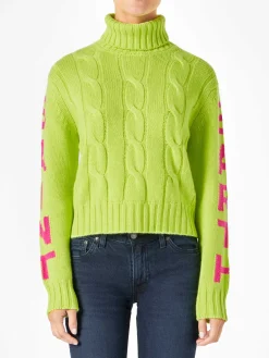 Rollkragenpullover mit geflochtenem Rollkragenpullover für Damen in Neongelb
