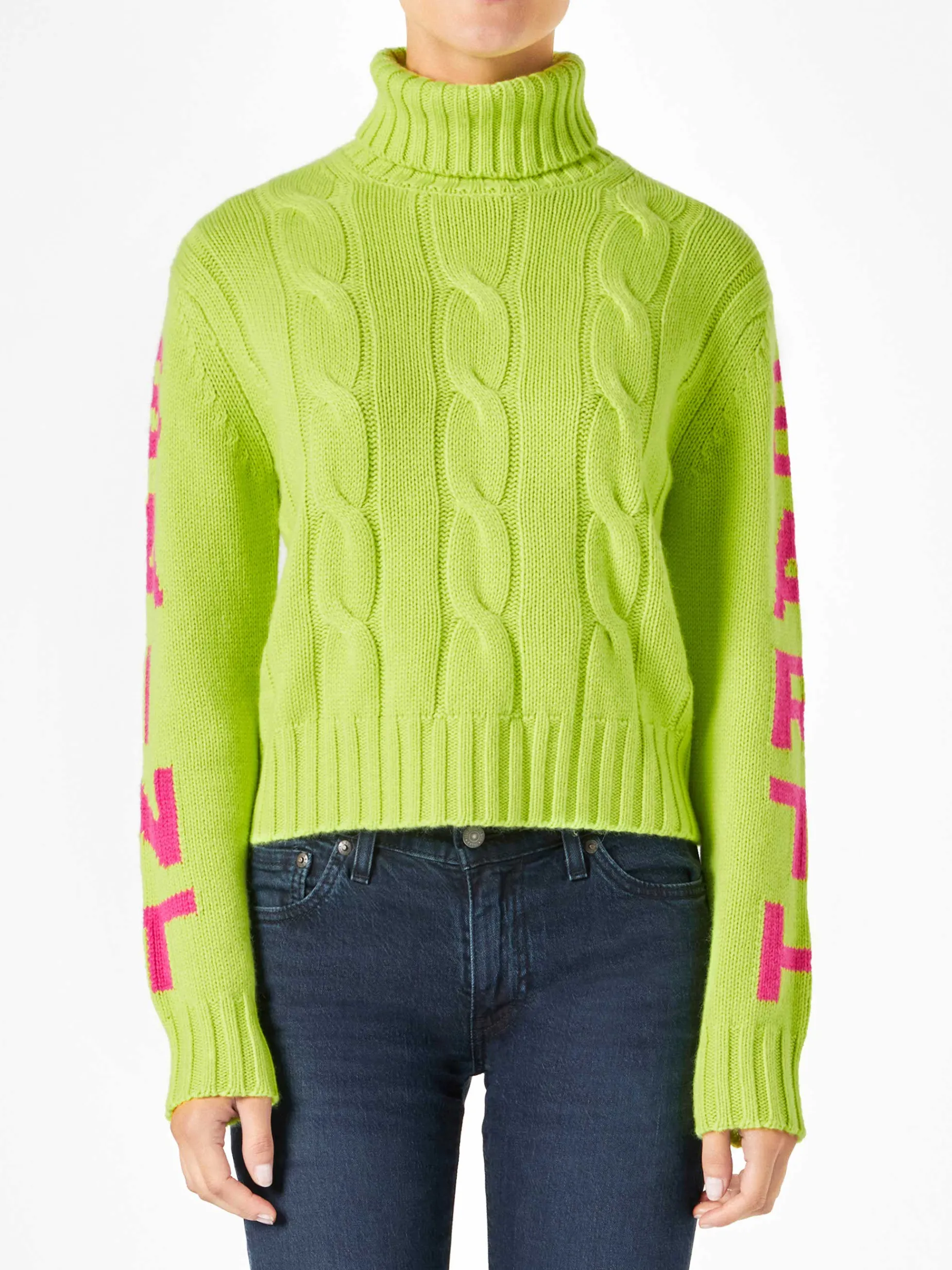 Rollkragenpullover mit geflochtenem Rollkragenpullover für Damen in Neongelb