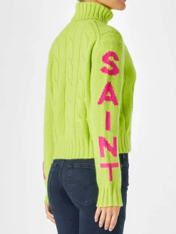 Rollkragenpullover mit geflochtenem Rollkragenpullover für Damen in Neongelb