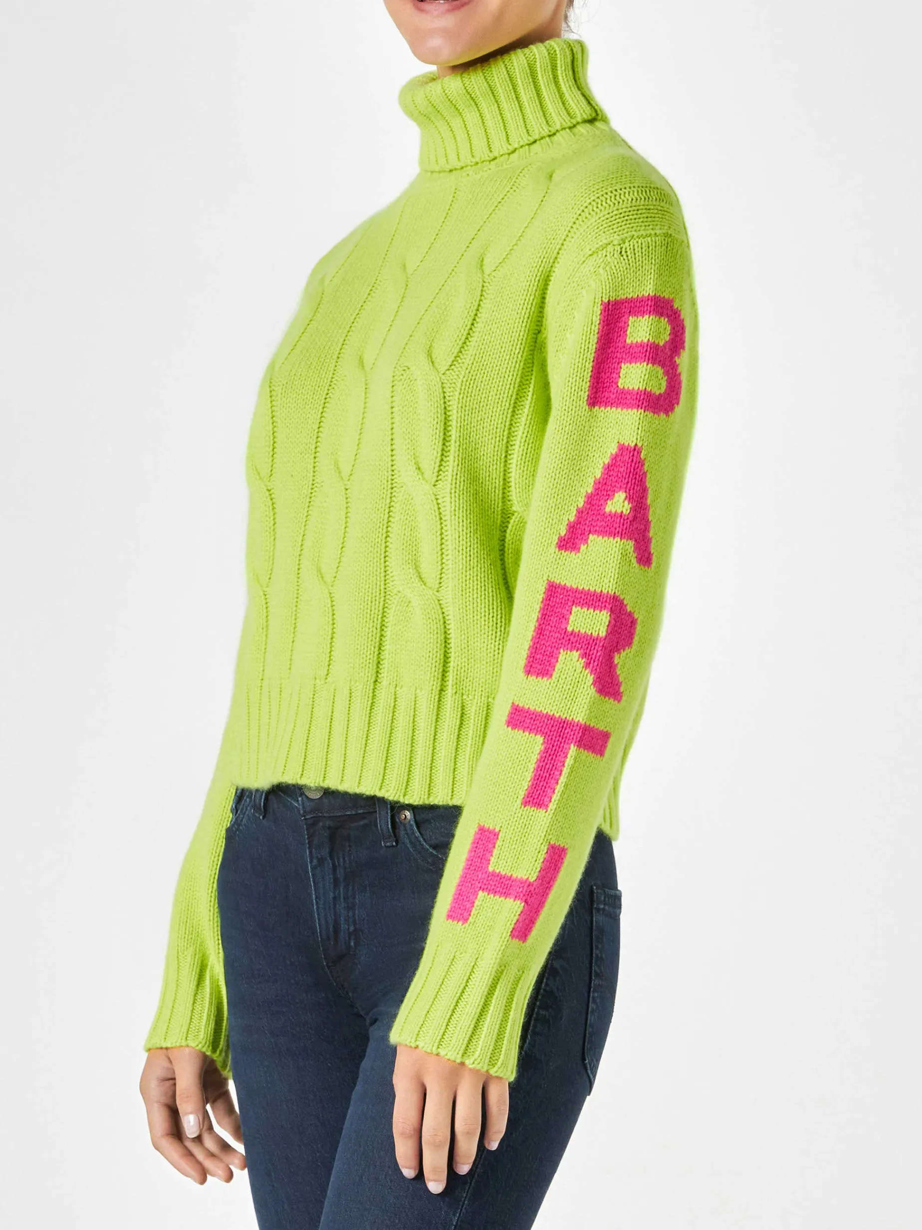 Rollkragenpullover mit geflochtenem Rollkragenpullover für Damen in Neongelb