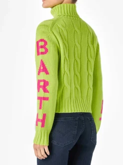 Rollkragenpullover mit geflochtenem Rollkragenpullover für Damen in Neongelb