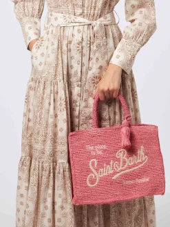 Rosa Colette Raffia-Handtasche mit Stickerei