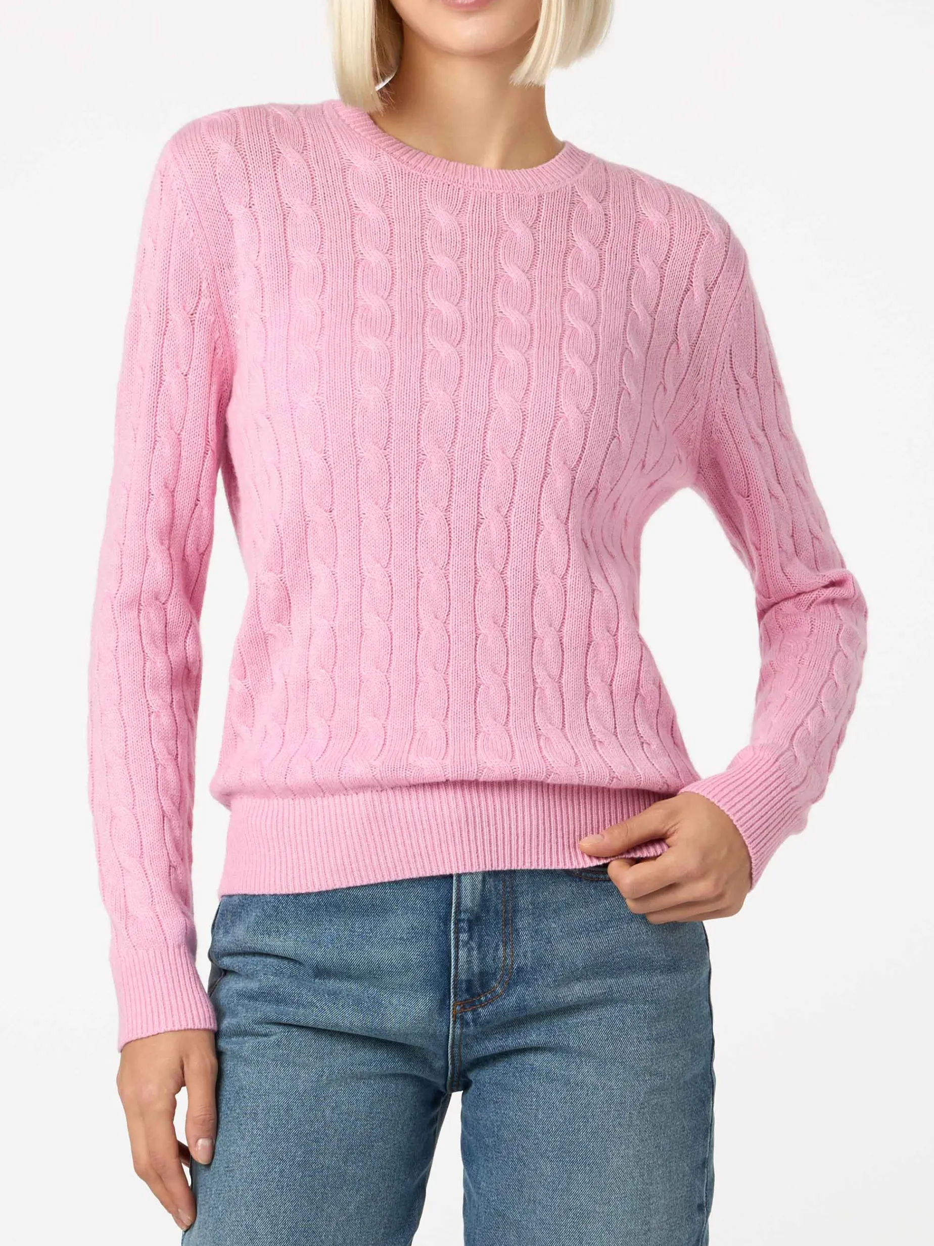 Rosa Damenpullover aus Kaschmirmischung mit Zopfmuster Sorbonne