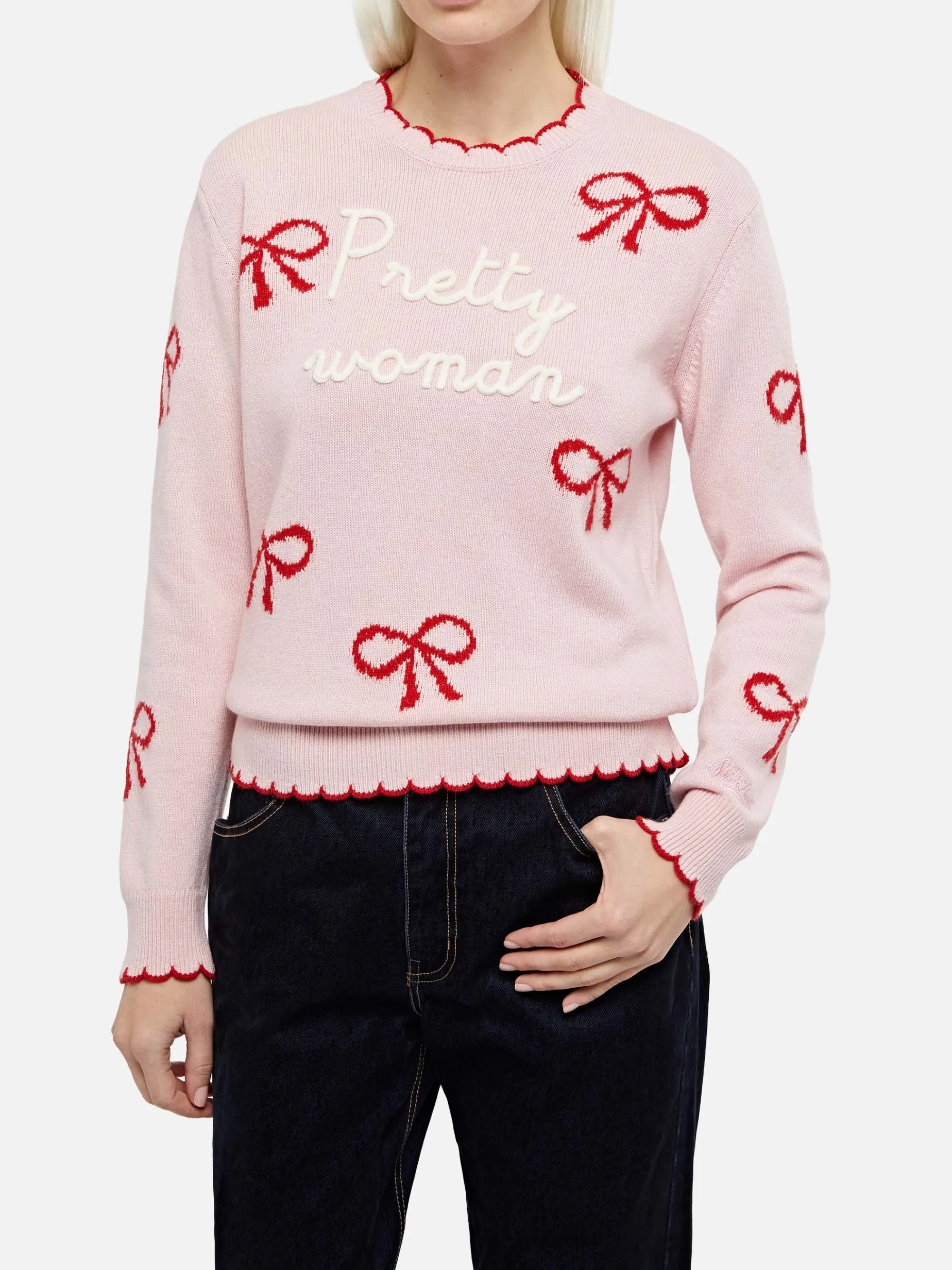 Rosa Damenpullover New Queen mit Pretty Woman-Stickerei und Bänder-Print