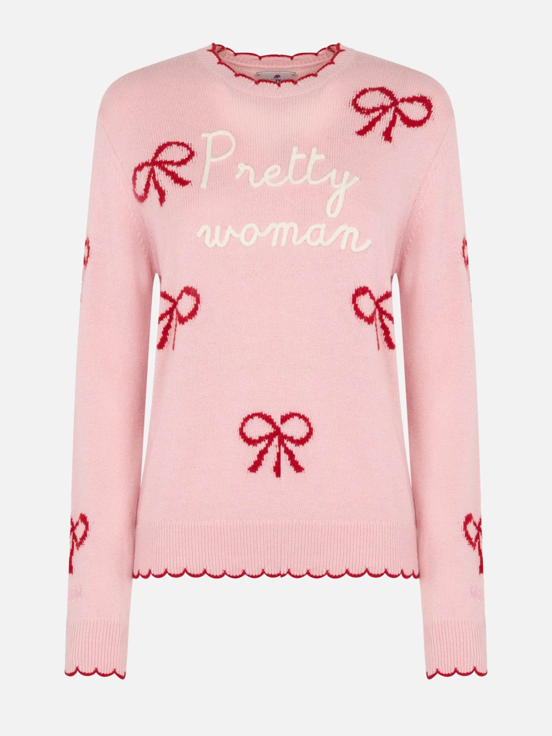 Rosa Damenpullover New Queen mit Pretty Woman-Stickerei und Bänder-Print