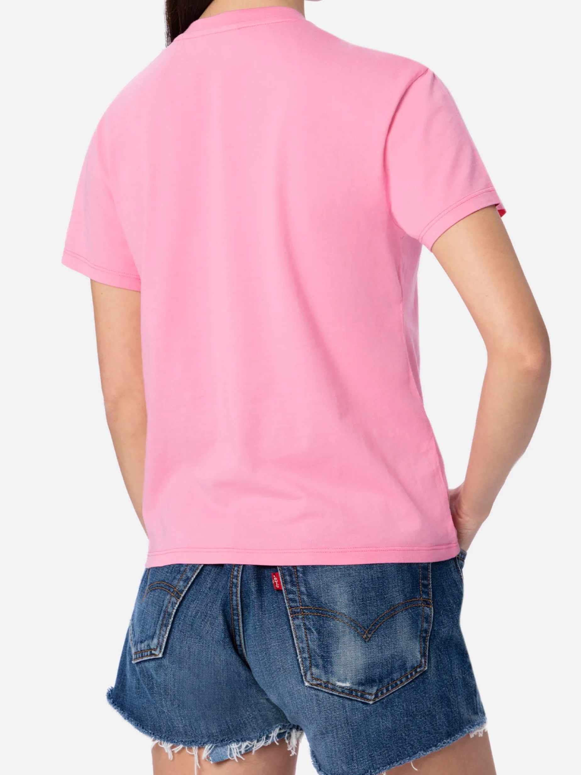 Rosa Damen-T-Shirt Emilie aus Baumwolljersey mit Rundhalsausschnitt und Stickerei „Bollicine, please“