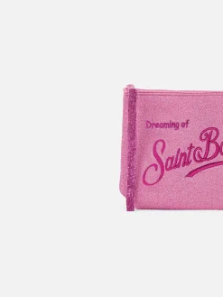 Rosa Lurex-Pochette Aline mit Logo-Stickerei