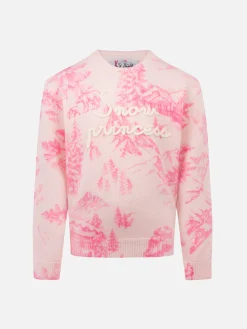 Rosa Rundhalspullover für Mädchen „Princess“ mit Toile de Jouy-Druck und Stickerei „Schneeprinzessin“