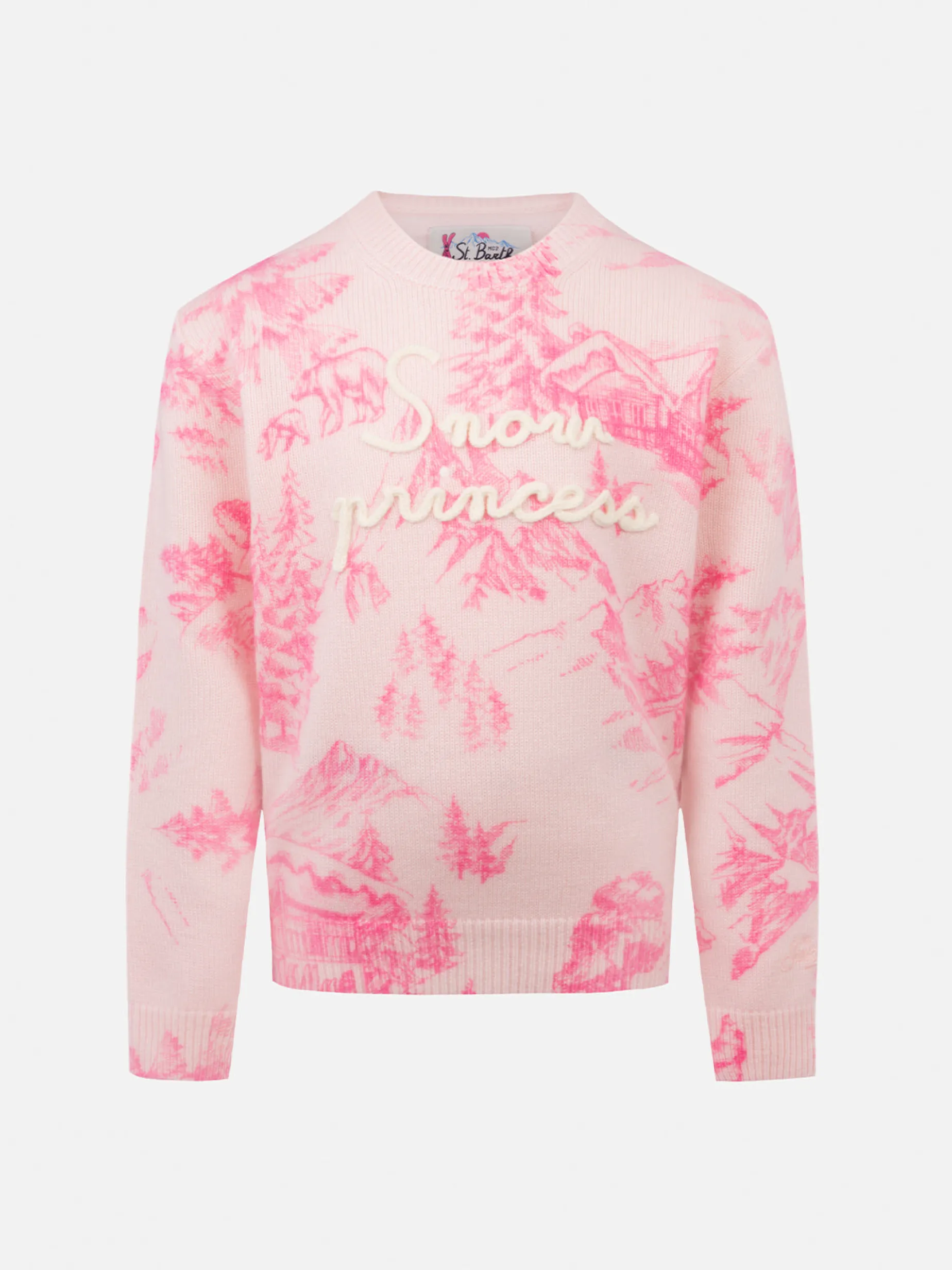 Rosa Rundhalspullover für Mädchen „Princess“ mit Toile de Jouy-Druck und Stickerei „Schneeprinzessin“