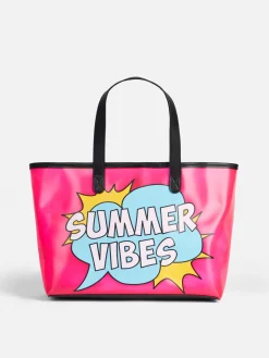 Rosa transparente PVC-Strandtasche mit Summer Vibes-Aufdruck