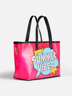 Rosa transparente PVC-Strandtasche mit Summer Vibes-Aufdruck