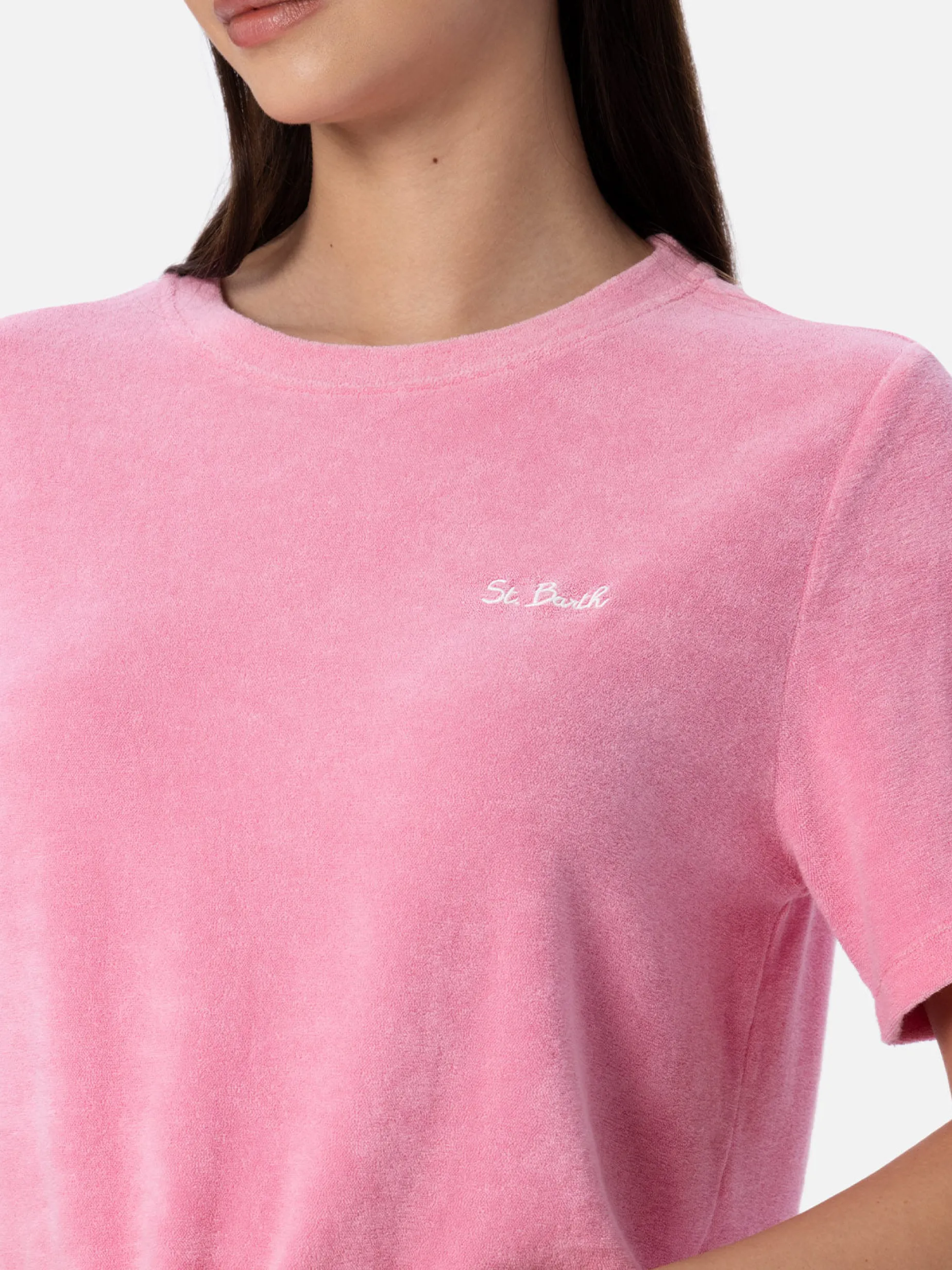 Rosa T-Shirt mit Rundhalsausschnitt aus Frottee-Baumwolle für Damen Aleja