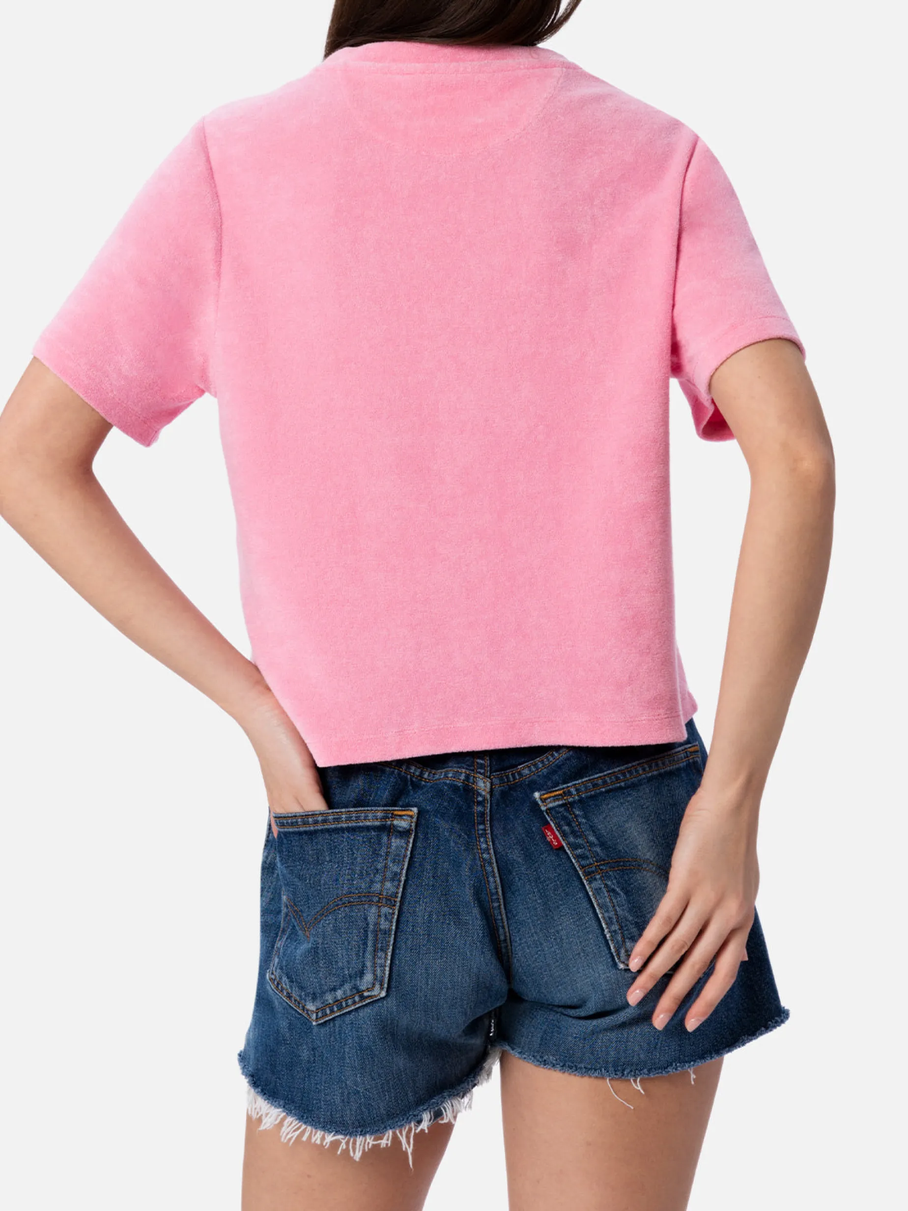 Rosa T-Shirt mit Rundhalsausschnitt aus Frottee-Baumwolle für Damen Aleja