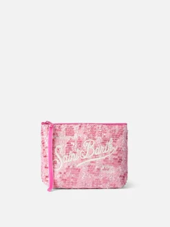 Rosa Tweed-Pochette Aline mit Logo-Stickerei