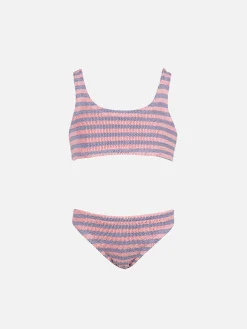 Rosa und lila gestreifter klassischer Crinkle-Bikini für Mädchen von Baker