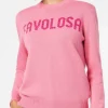 Rosafarbener Damenpullover mit Rundhalsausschnitt und Favolosa-Strass-Print