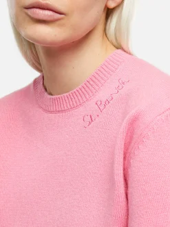 Rosafarbener Damenpullover mit Rundhalsausschnitt und St. Barth-Stickerei