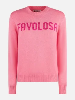Rosafarbener Damenpullover mit Rundhalsausschnitt und Favolosa-Strass-Print