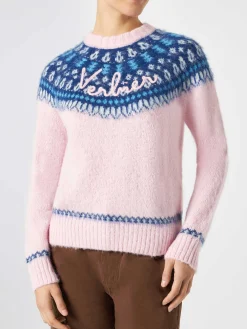 Rosafarbener Damen-Rundhalspullover aus nordischem Jacquard