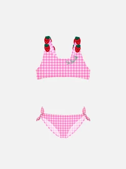 Rosafarbener Mädchenbikini mit Vichy-Print und Erdbeerapplikation