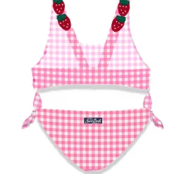 Rosafarbener Mädchenbikini mit Vichy-Print und Erdbeerapplikation