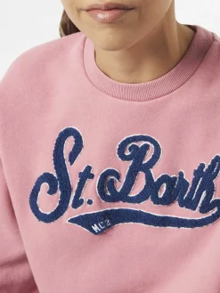 Rosafarbenes Damen-Fleece-Sweatshirt mit Frottee-Logo