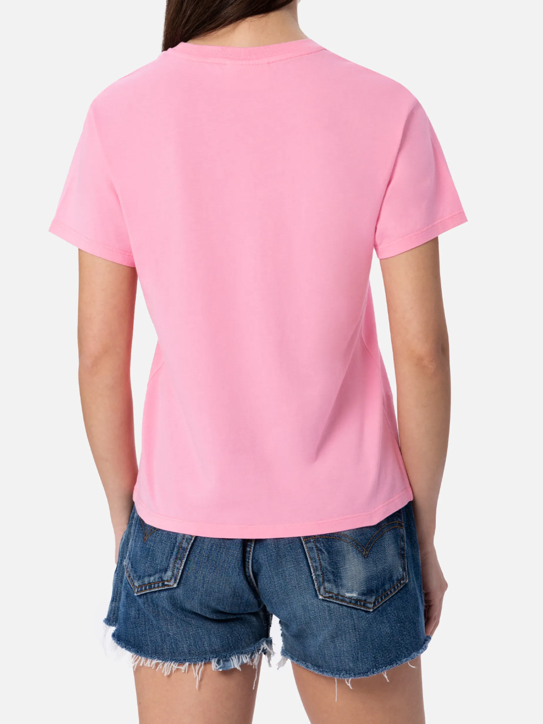 Rosafarbenes Rundhals-T-Shirt Emilie aus Baumwolljersey für Damen