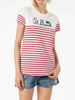 Rot gestreiftes Baumwoll-T-Shirt mit St. Barth-Stickerei