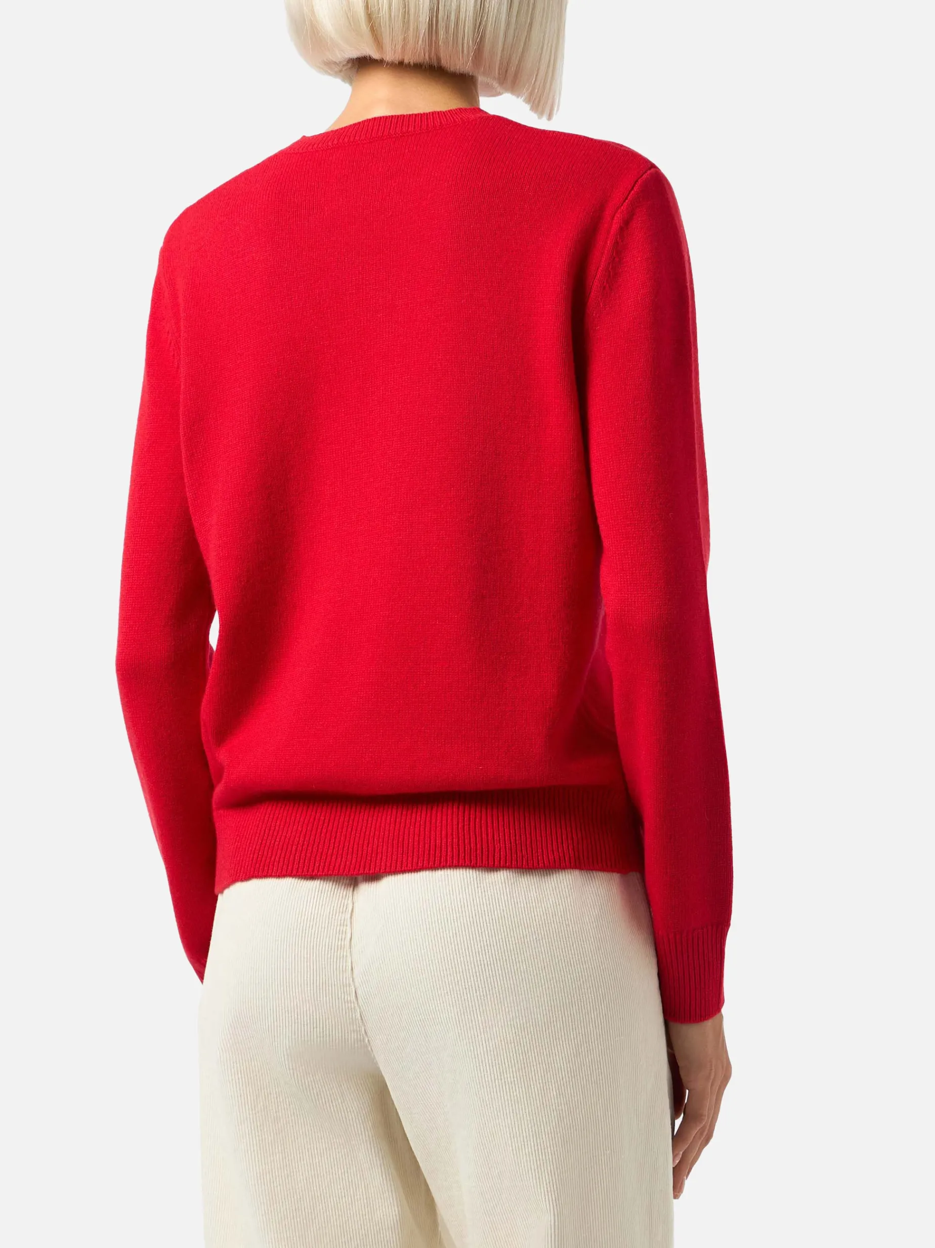 Roter Damenpullover „New Queen“ mit „Anche questo Natale...“-Stickerei | VACANZE DI NATALE SONDERAUSGABE