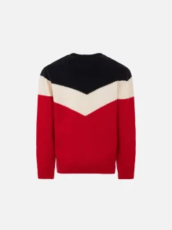 Roter und blauer Jungenpullover mit Aufnäher