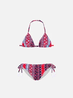 Roter und blauer Mädchenbikini mit Zigeunermuster