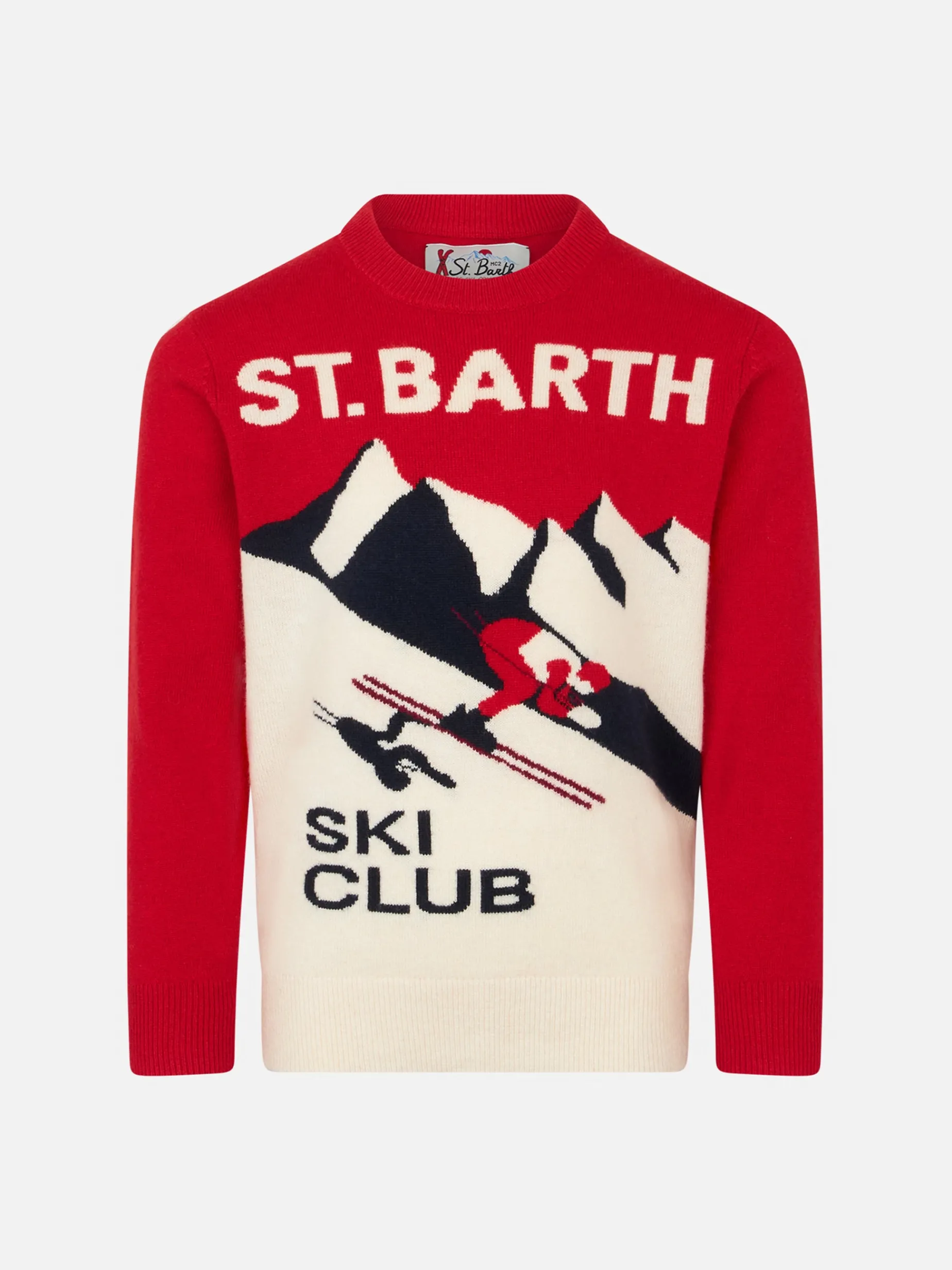 Rundhalspullover für Jungen mit Postkarten-Jacquard-Aufdruck des St. Barth Ski Club