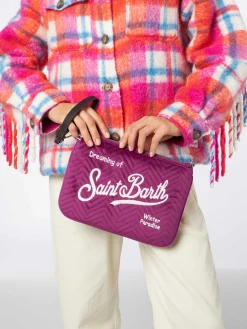 Samtstepp-Umhängetasche Parisienne Clutch aus Sherpa in Fuchsia