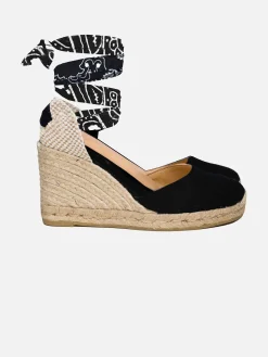 Schwarze bedruckte Canvas-Espadrillas mit hohem Keilabsatz und Knöchelspitze