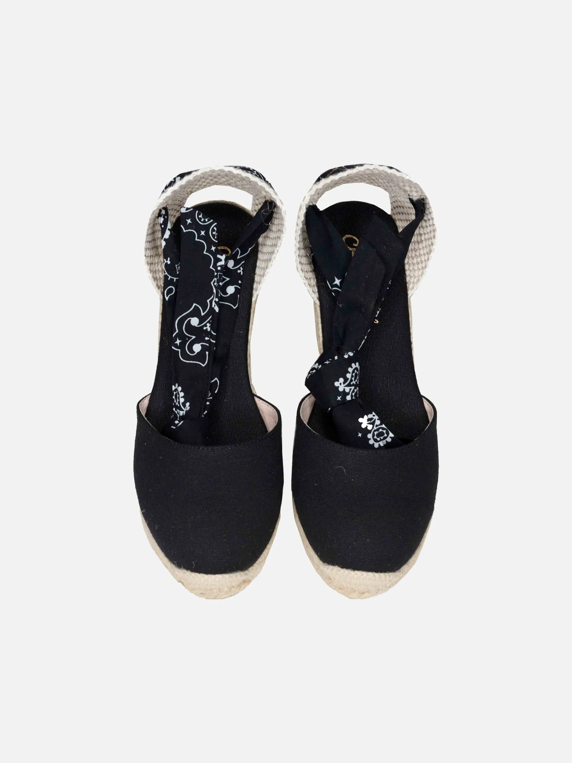 Schwarze bedruckte Canvas-Espadrillas mit hohem Keilabsatz und Knöchelspitze