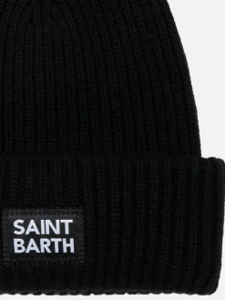 Schwarze gerippte Beanie-Mütze für Kinder, Beere, mit Saint Barth-Patch
