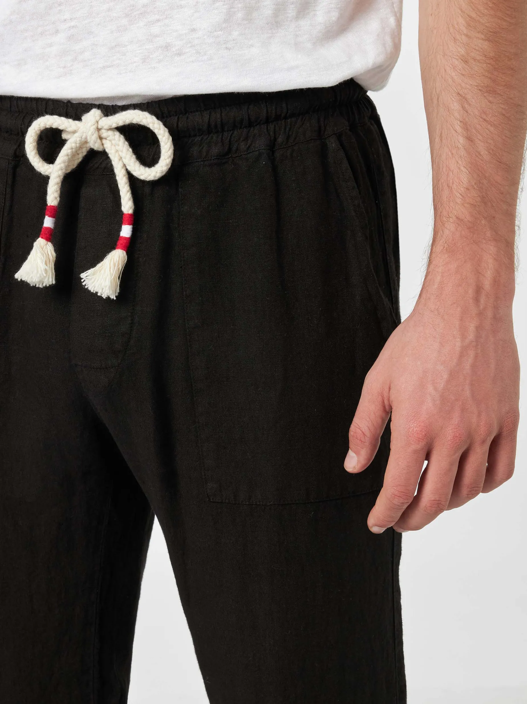 Schwarze Herren-Leinen-Calais-Hose mit Kordelzug