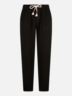 Schwarze Herren-Leinen-Calais-Hose mit Kordelzug