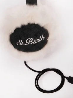 Schwarze Ohrenschützer in Wildlederoptik für Damen mit pelzigen Details und kabellosem Lautsprecher