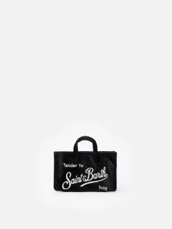 Schwarze Telefontasche aus Samt mit Saint Barth-Logostickerei
