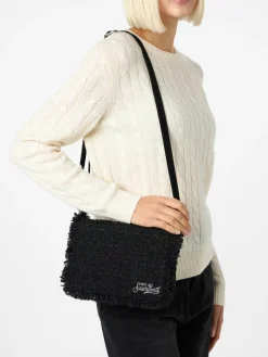 Schwarze Tweed-Umhängetasche Tita mit Saint Barth-Stickerei