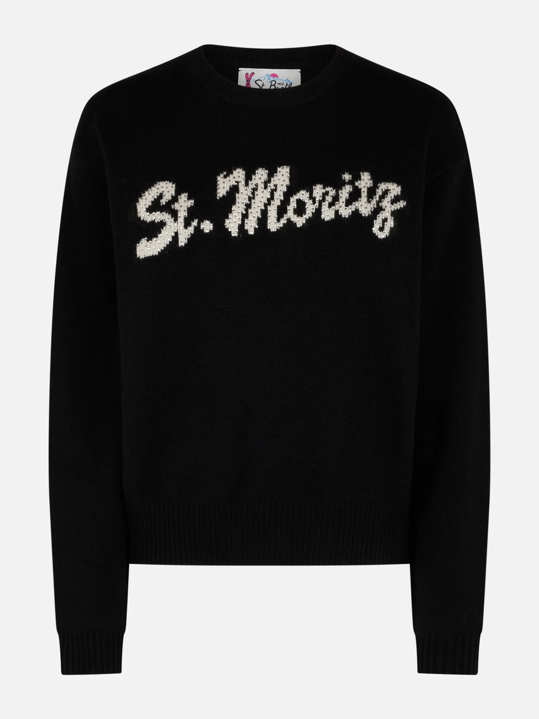 Schwarzer Damenpullover Louise mit St. Moritz Strass-Verzierung | ST. MORITZ TOP OF THE WORLD SPECIAL EDITION