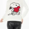 Schwarzer Damenpullover mit Rundhalsausschnitt, Snoopy- und Woodstock-Aufdruck und Strass-Herz | SNOOPY PEANUTS™ SONDEREDITION