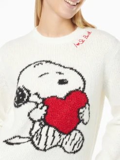 Schwarzer Damenpullover mit Rundhalsausschnitt, Snoopy- und Woodstock-Aufdruck und Strass-Herz | SNOOPY PEANUTS™ SONDEREDITION