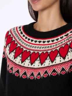 Schwarzer Damenpullover New Queen mit Fair-Isle-Herzen-Print