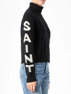 Schwarzer geflochtener Rollkragenpullover für Damen