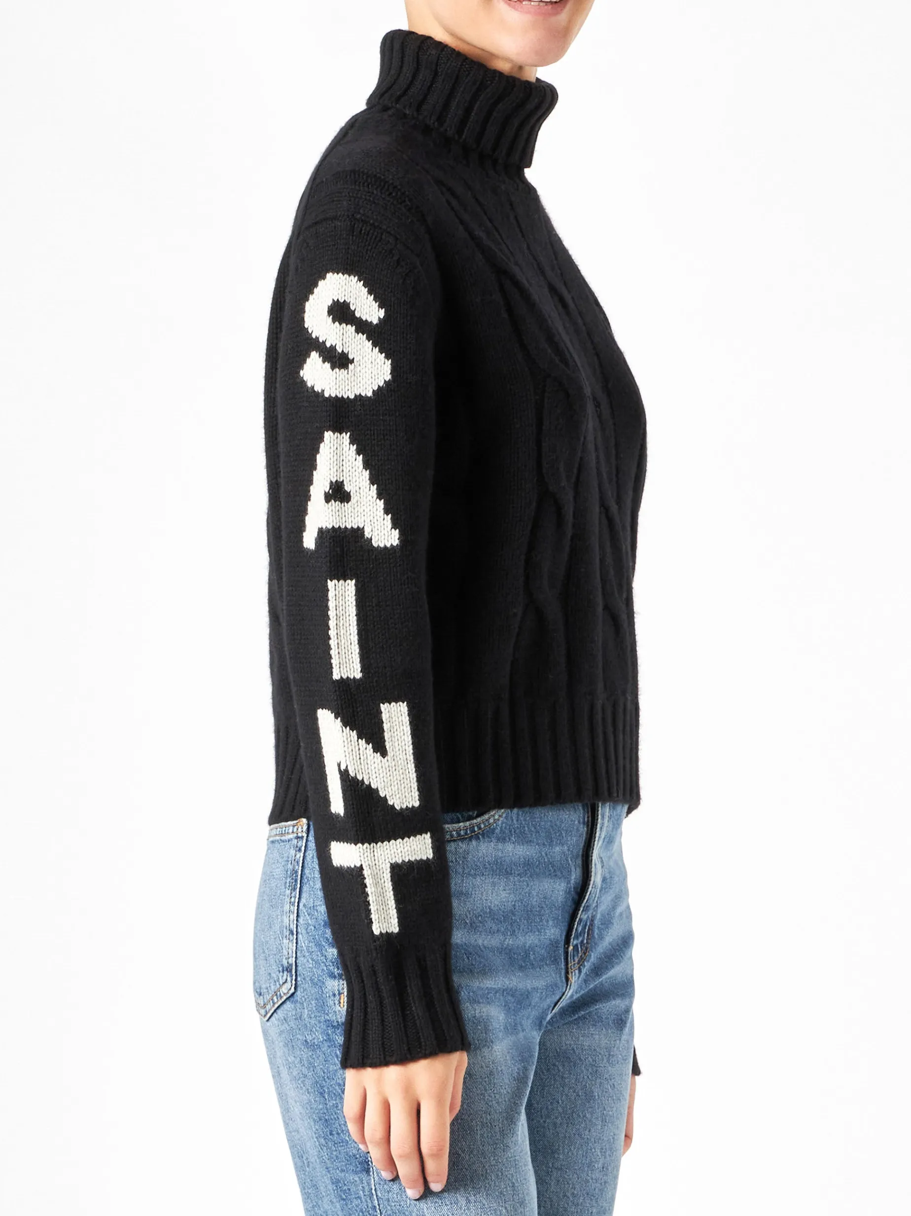 Schwarzer geflochtener Rollkragenpullover für Damen