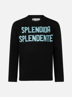 Schwarzer Mädchenpullover mit Rundhalsausschnitt und Splendida Splendente-Strassaufdruck | NIKI DJ SONDEREDITION